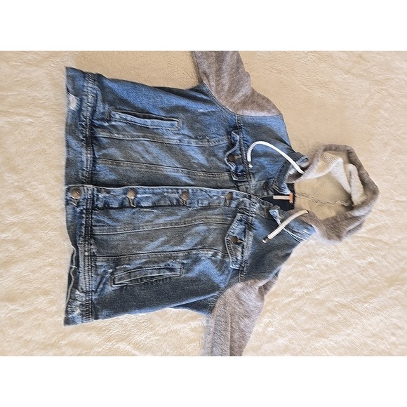 Free People Denim Distressed Hooded Jean /Knit Jacket Coat Women's Size M - Picture 8 of 14